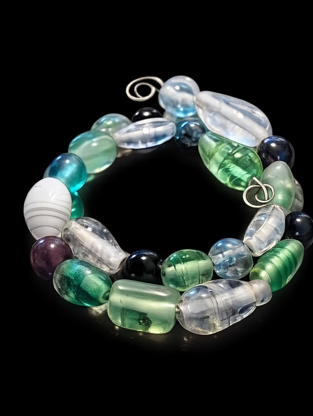 13.5" Handmade Mixed Glass & Fluorite Bead Wire Bracelet Cottagecore Boho